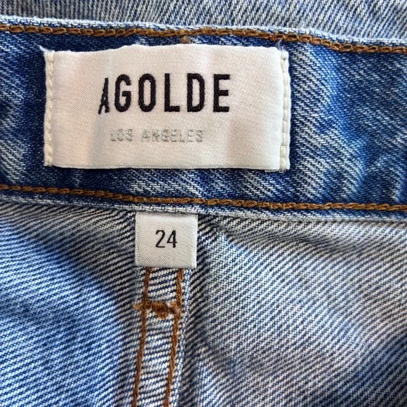 Agolde Frayed Hem High-Rise Denim Shorts - Blue Wash - Picture 5 of 8